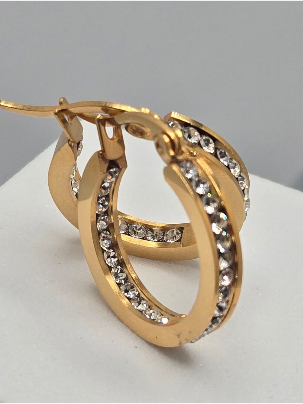 Steeltime 18K Gold Plated Stainless Steel Crystal Hoop Earrings New - Picture 3 of 15